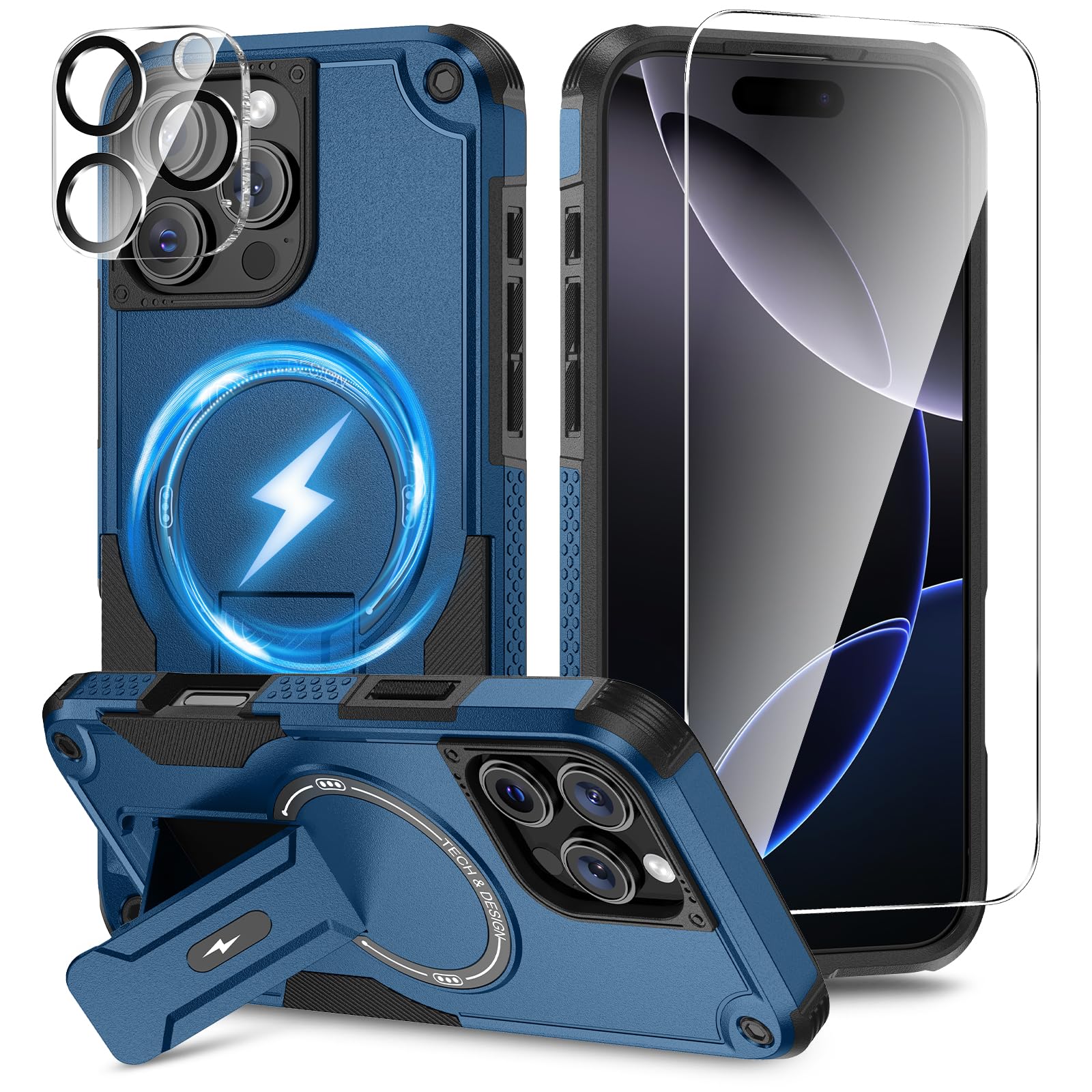 Photo 1 of 3 in 1 for iPhone 16 Pro Case [Compatible with MagSafe] [Invisible Kickstand] [HD Screen Protector] [Camera Lens Protector], Protective Magnetic Phone Cover for iPhone 16 Pro (Blue)