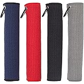 DMwespe 4 Pack Golf Towels, 11.8" X 11.8" Microfiber Golf Towel with Carabiner Clip, Waffle Pattern Golf Towels with Hook and Loop Fastener for Bag, Cleaning Towel Black/Grey/Red/Navy Blue