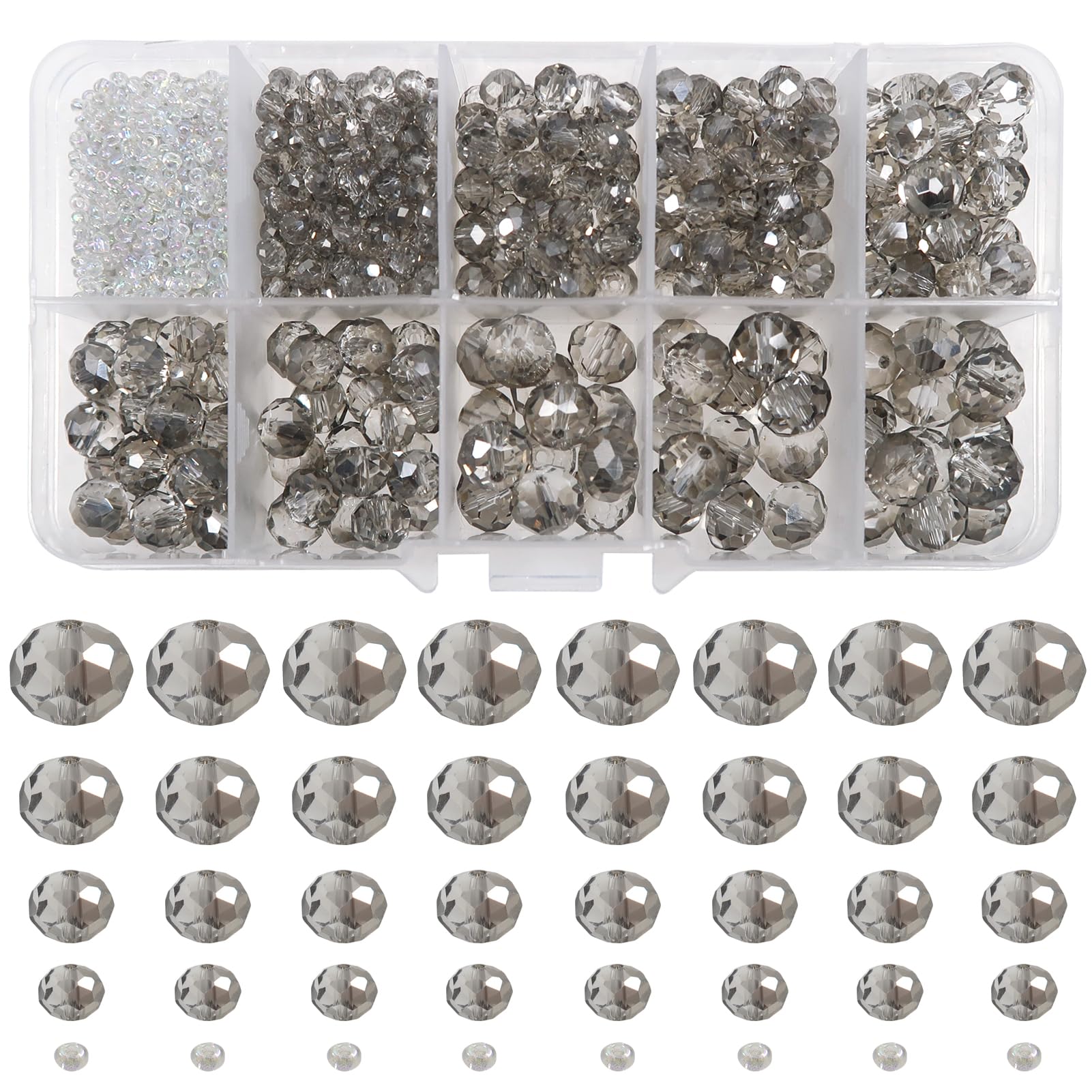 TOAOB 1000pcs Grey Crystal Glass Beads 2mm 4mm 6mm 8mm10mm Faceted Spacer Beads for Jewelry Making DIY Craft Project Decorations Bracelet Making Kit