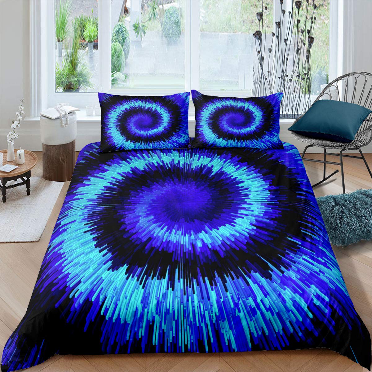 Purple Tie Dyed Bedding Blue Tie Dye Duvet Cover Set Black Psychedelic Spiral Swirl Boho Hippie Bedding Set Stylish Trippy Batik Comforter Cover for Kids Room Decor Bedspread with Zipper,Single