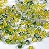 CRZSEELL 300pcs Crackle Glass Beads, 6mm Green and Yellow Crystal Round Beads for Jewelry Making, Loose Bulk Crafts Bead for Earrings Necklaces Bracelets