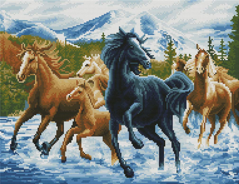 Abillyn Horses Galloping on a River Stamped Cross Stitch Kit with Printed Design (Horse)