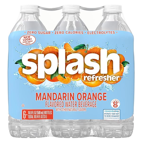 SPLASH REFRESHER FLAVORED WATER BOTTLES, MANDARIN ORANGE FLAVOR – 6-PACK, 16.9 FL OZ – REFRESHING FLAVORED BOTTLED WATER WITH ELECTROLYTES – ZERO SUGAR & ZERO CALORIES