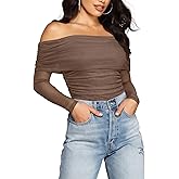 SAUNGKUAI Women's Off The Shoulder Long Sleeve Bodysuit Sexy Slimming Body Suit Tops Sheer Mesh Ruched Fall Outfits 2026