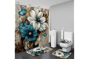 AZHM 4pcs White and Blue Artistic Painted Flowers Shower Curtain Set Floral and Butterfly Bathroom Sets with Rugs and Accessories