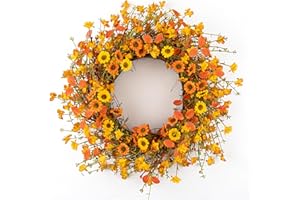 DIYFLORU 18 Inches Rustic Fall Wreaths for Front Door Vintage Fall Floral Wreath Farmhouse Autumn Wreath with Orange Yellow Wildflowers Boxwood for Door Wall Window Front Porch Indoor Outdoor