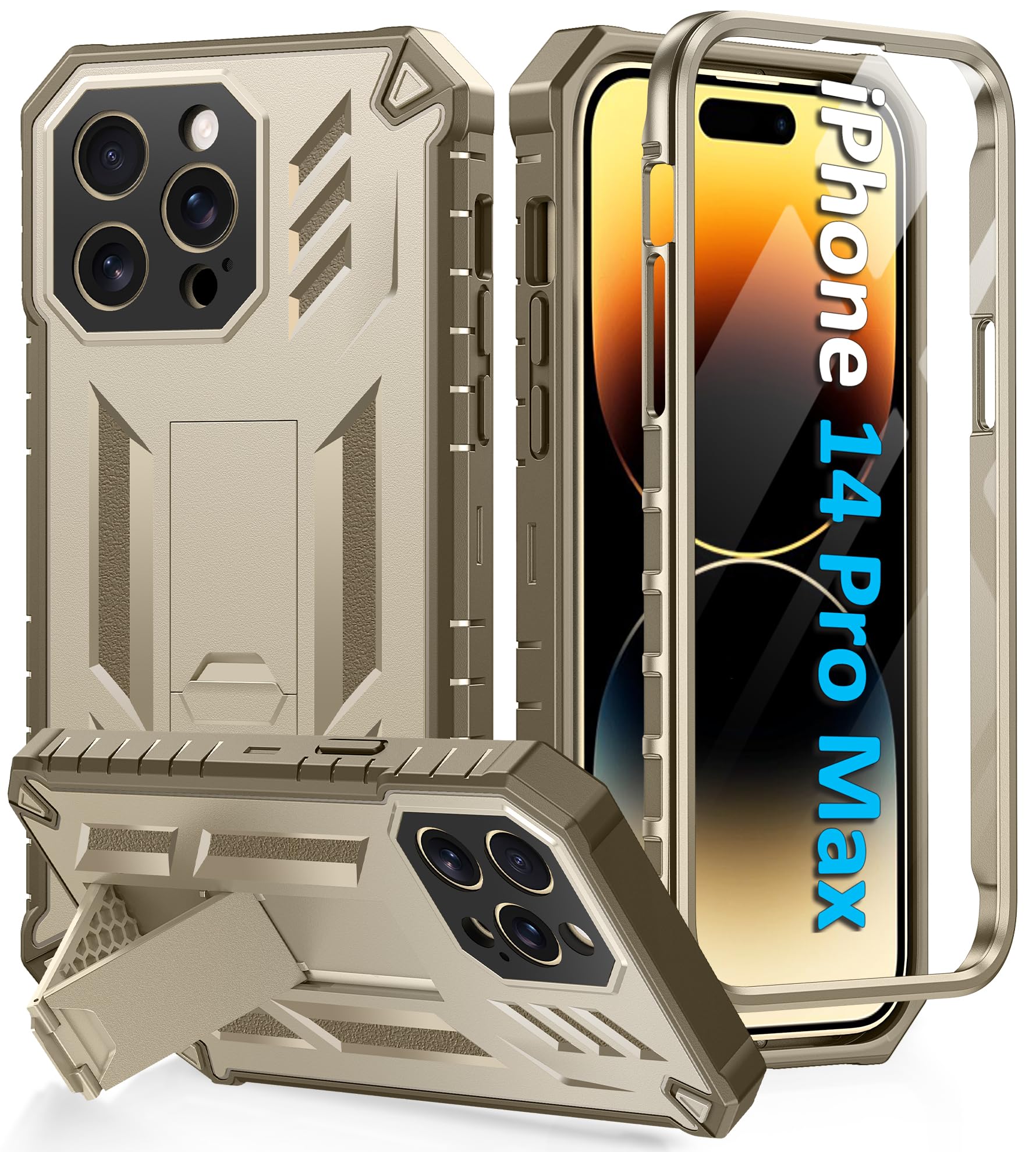 FNTCASE for iPhone 14 Pro Max Case: Military Grade Drop Proof Protection Mobile Cover with Kickstand | Matte Textured Rugged Shockproof TPU | Protective Sturdy Phonecase - Beige