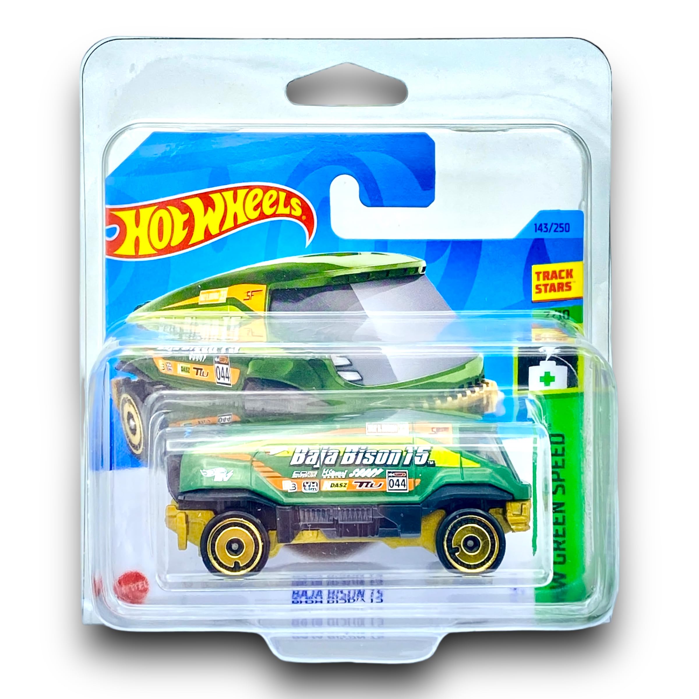 Hot Wheels Baja Bison T5 (Green & Gold) - 7/10 HW Green Speed - 2023-143/250 (Short Card) - COMES IN A KLAS CAR KEEPER PROTECTOR COLLECTORS CASE - HKK23
