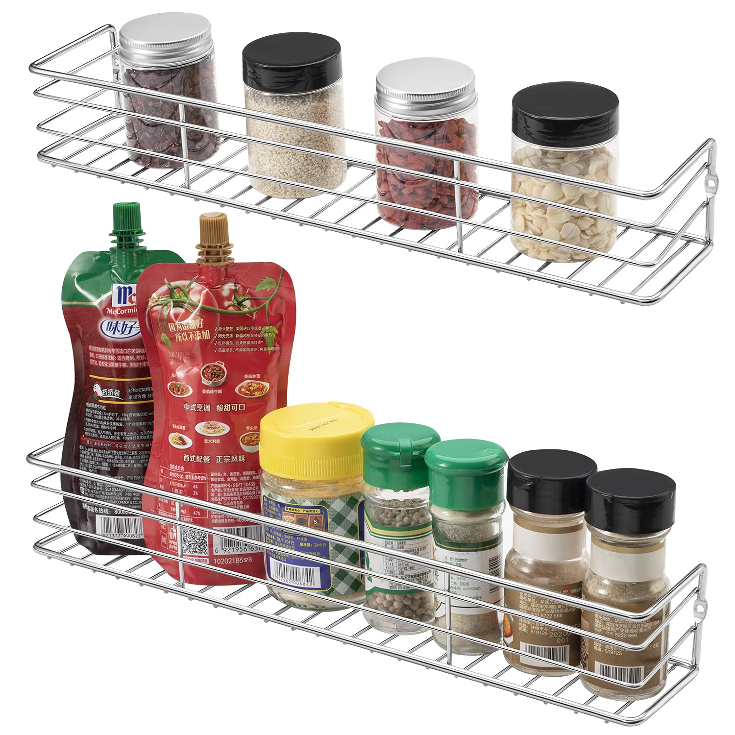 QIWODE Spice Rack Organiser [2 Pcs], Wall Mounted Spice Storage Shelves for Kitchen Cupboard Pantry Cabinet Door, Sturdy Hanging Organiser (Large Size - Silver)
