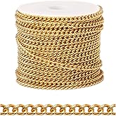 [33 FT] 18K Gold PVD Plated Curb Chains Bulk for Jewelry Making, 3mm 304 Stainless Steel Flat Twisted Links Curb Chains Roll Spool for Jewelry Making DIY Craft