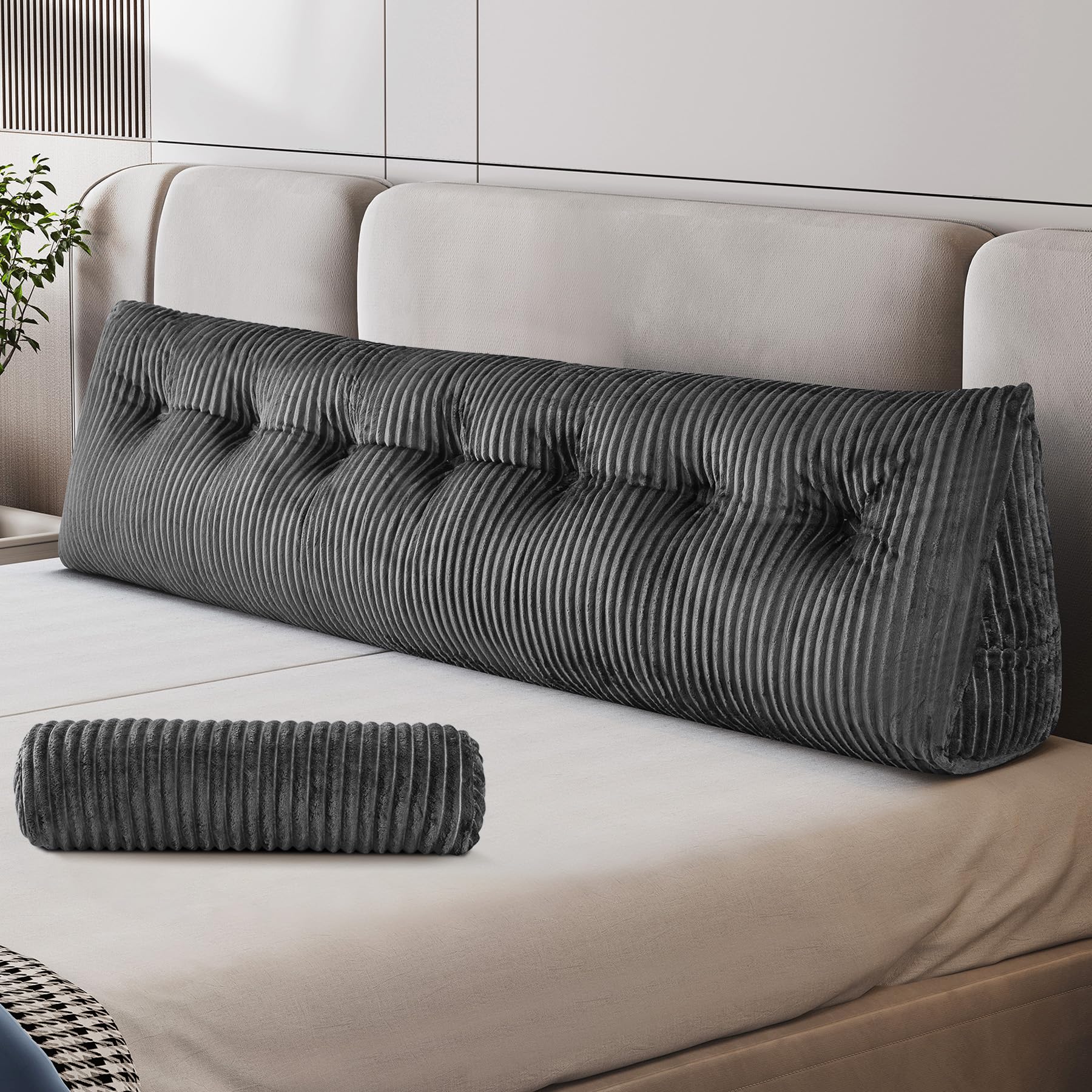 Z-hom King Size Wedge Headboard Pillow with 2 Roll Cushions, Large Reading Pillow for Bed Sitting Up, Triangular Backrest Cushion for Headboard, Supportive Pillow for Back Pain Relief, Grey Image