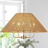 LamQee 22 Inch Rattan Modern Farmhouse Chandelier, 5-Lights Boho Large Pendant Light with Cone Wicker Shade, Coastal Hand Wov