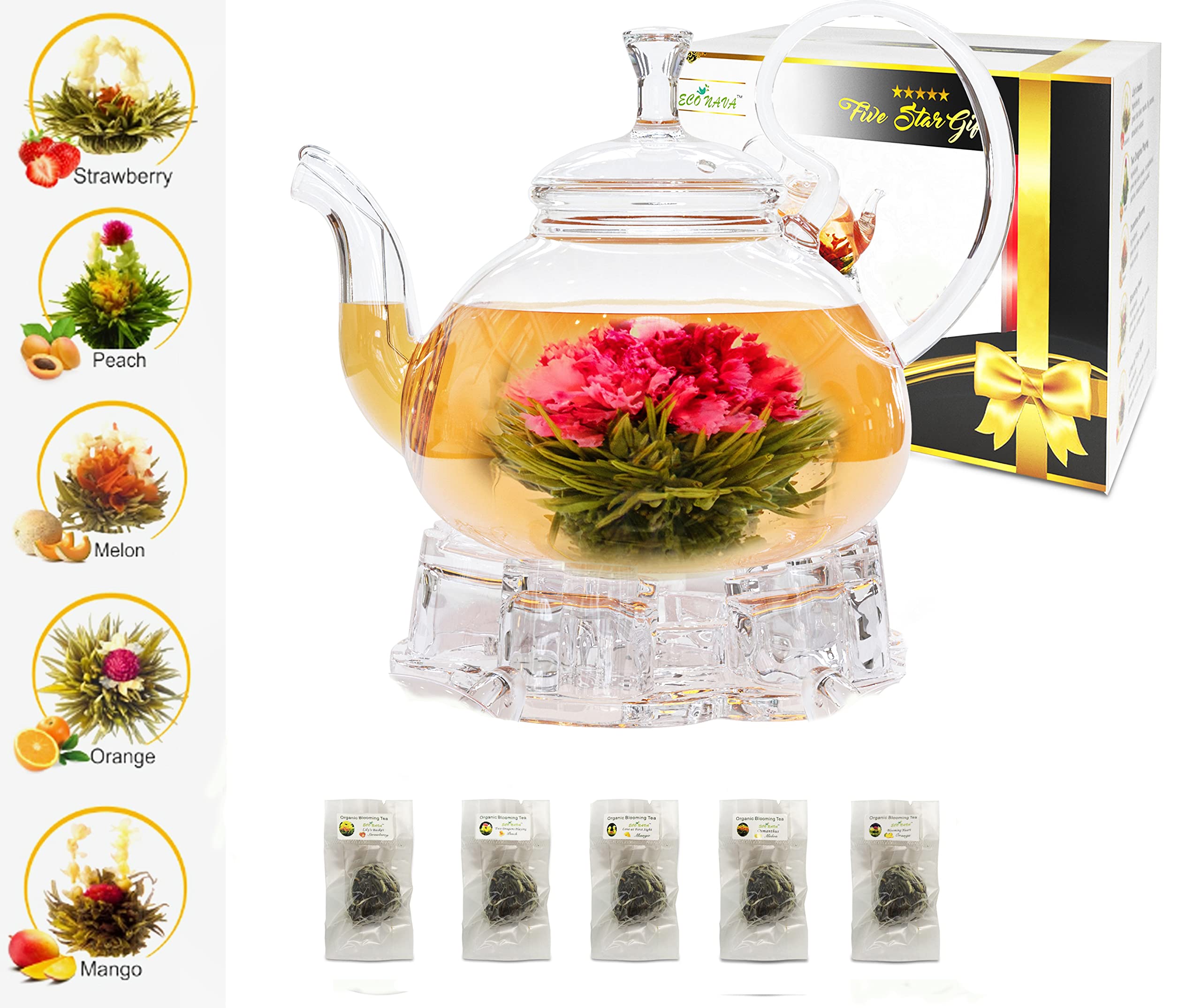 ECO NAVA Five Star Gift Flower Tea Gift Box Set: 750ml Glass Teapot with Filter Infuser, Heart Glass Warmer & 5 Blooming Flowering Green Tea Balls …