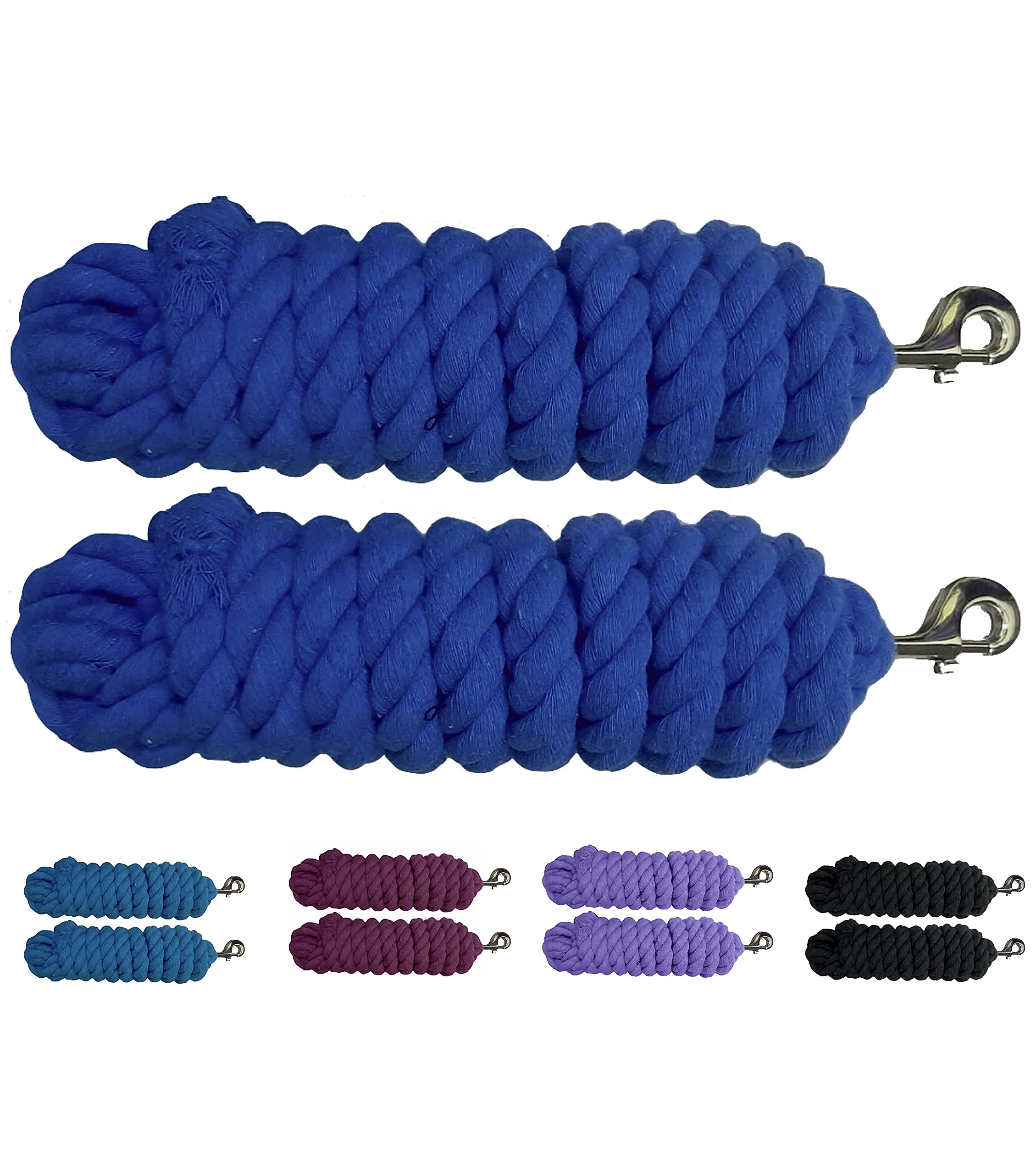 Majestic Ally Pack of 2 Solid Cotton Lead Rope for Horses & Livestock – 10 Foot Long and 5/8 inch (16MM) Thick - Replaceable Heavy-Duty Satin Bolt Snap – Handmade – Soft, Broken in Feel (Royal Blue)