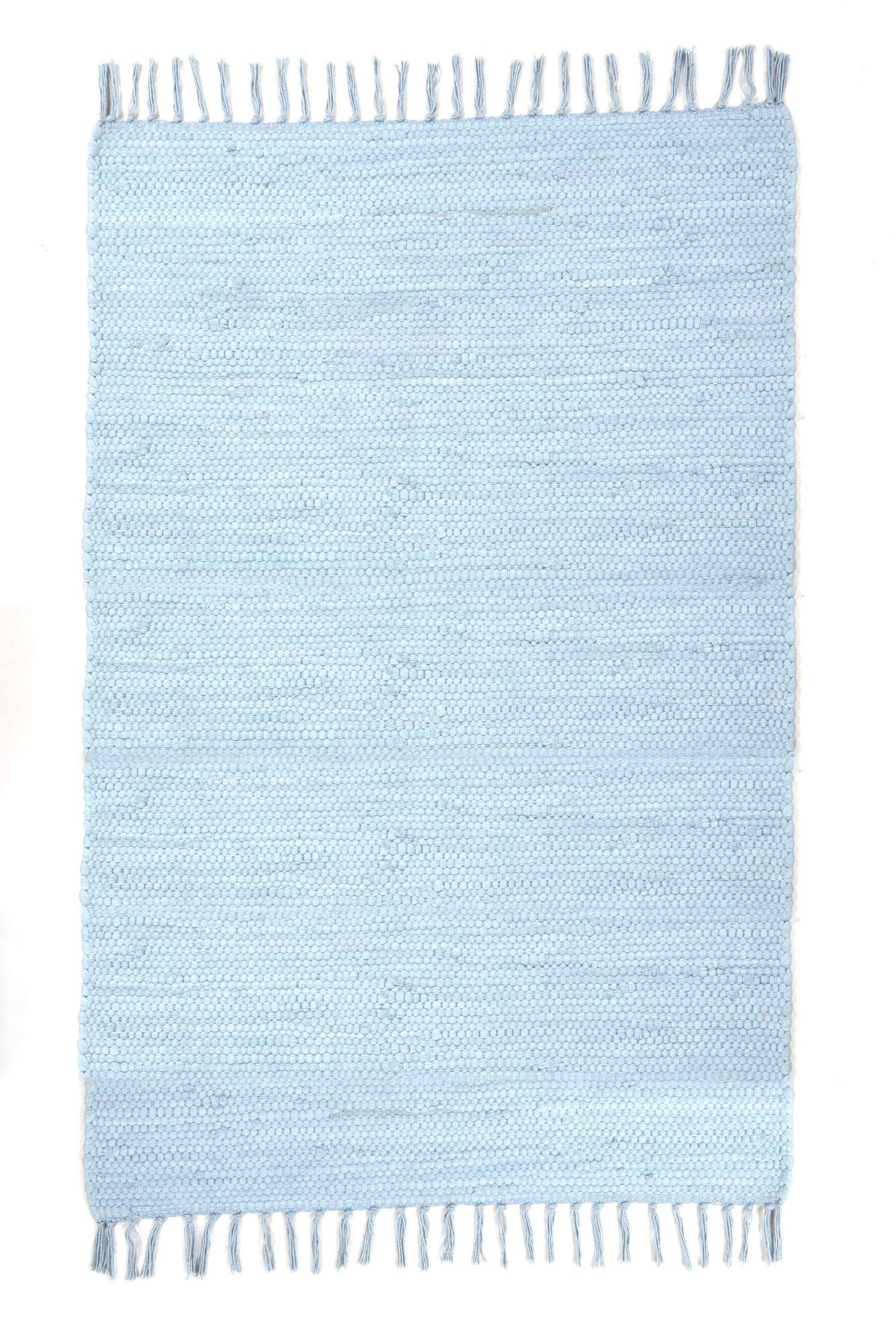 Theko Dhurry Rug 100% Cotton Flat Weave Rug Happy Cotton Handwoven Colour: Light Blue 70 x 140 cm