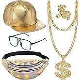 5 Pcs Hip Hop Costume Kit Baseball Hat Sunglasses Dollar Sign Necklace Ring Holographic Fanny 80 90s Rapper Accessories(Gold)