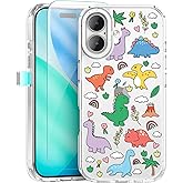 pcgaga Aesthetic Phone Case for iPhone 17 6.3" with Embossed Patterned Hard Clear Back Cover,Slim TPU Bumper,Camera Frame -360°Shockproof Full Protection, Dinosaur