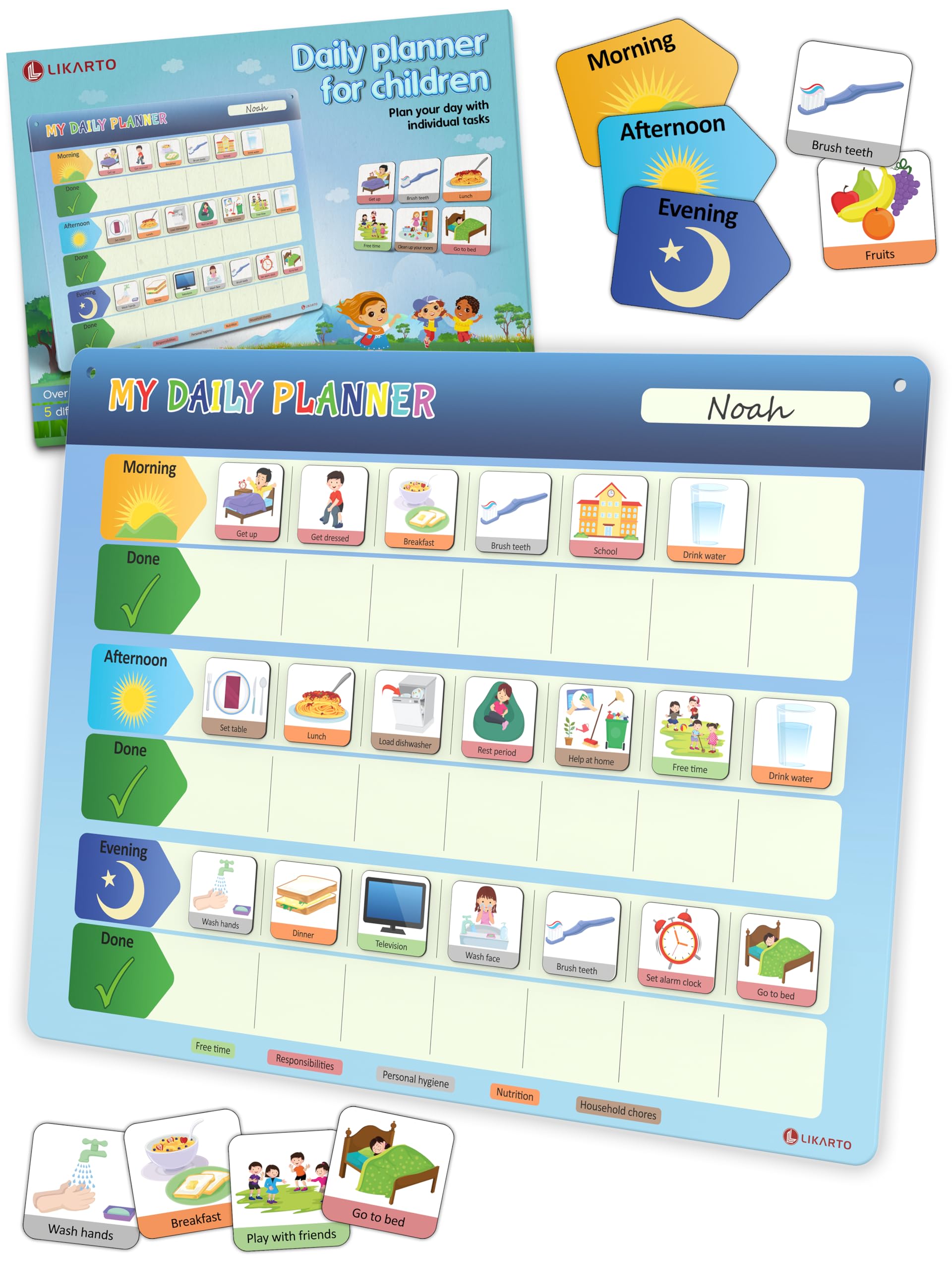 LIKARTO® Visual Timetable Children Daily Routine Chart - Montessori Magnetic Board incl. 147 Magnets & Cord - Fully Writable & Wipeable - Encourages Independence