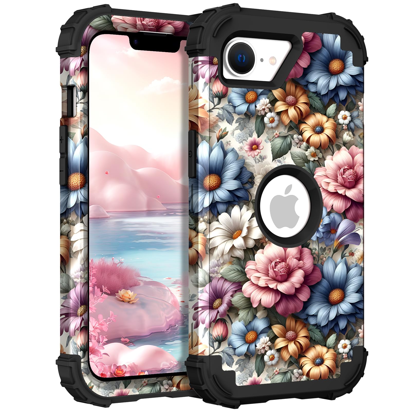 TEECOVER for iPhone 16e/iPhone 17e Case, Heavy-Duty Shockproof Full Protection Hard Plastic Bumper + Soft Silicone Rubber Protective Case for iPhone 16e/iPhone 17e - 6.1-Inch, Pink/Blue Flowers