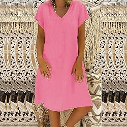 Women's Summer Cotton Linen Dress Loose V-Neck