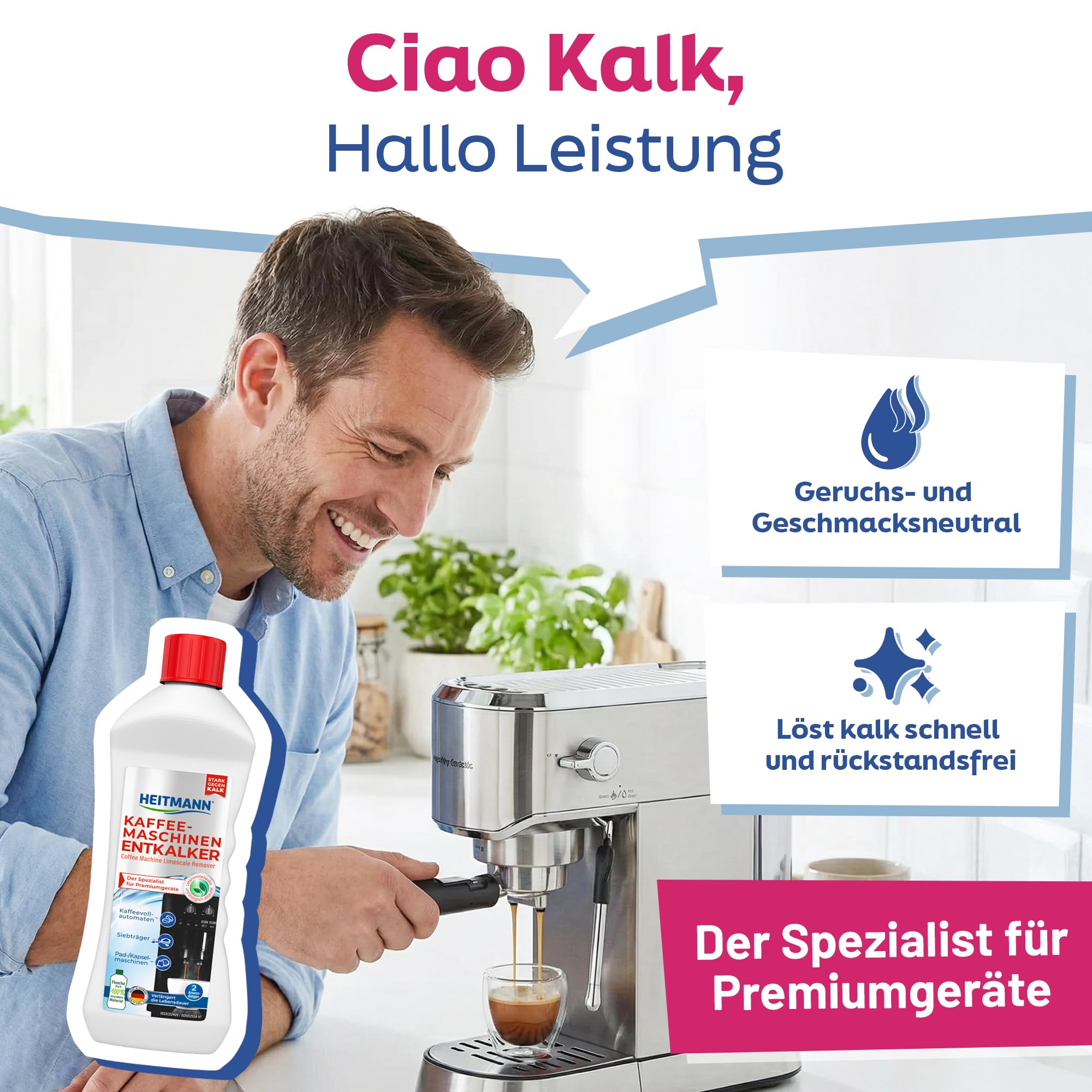 HEITMANN Kaffeemaschinen entkalker zwei Anwendungen, für Kaffeevollautomaten Siebträger Pad und Kapselmaschinen, 250 ml, Farblos 2