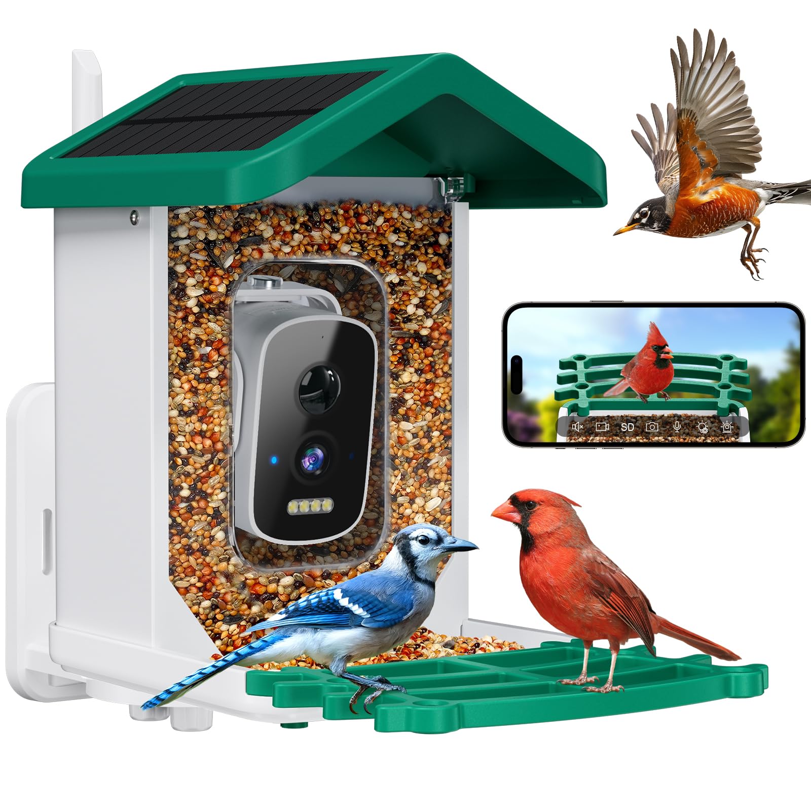 Photo 1 of **ITEM FACTORY SEALED** Smart Bird Feeder with Camera, AI Bird Species Identification Solar Powered Panel, 2.5k HD Video Bird House with Camera for Outside Garden, Ideal Gifts for Lover,Valentine's Day, Green
