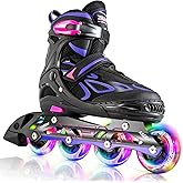 2PM SPORTS Vinal Girls Adjustable Flashing Inline Skates, All Wheels Light Up, Fun Illuminating Skates for Kids Men Adult Women and Boys