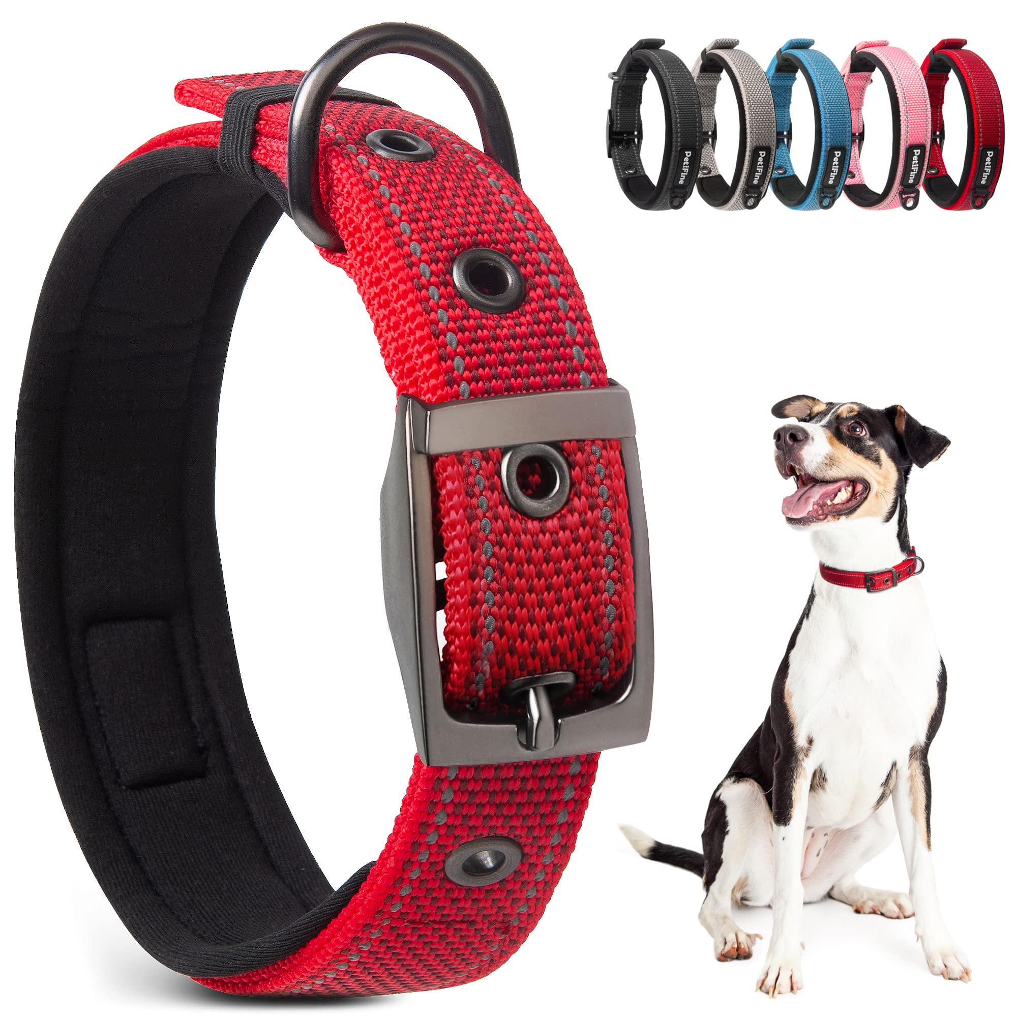 Photo 1 of PetiFine Dog Collar with Metal Buckle, Heavy Duty Dog Collar with Soft Neoprene Padded, Adjustable Reflective Nylon Dog Collars for Small Medium Large Dogs, Red,S