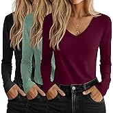 Riyiper 3 Pcs Women's V Neck T Shirts Long Sleeve Tops Casual Loose Fit Straight Hem T Shirt Basic Tees