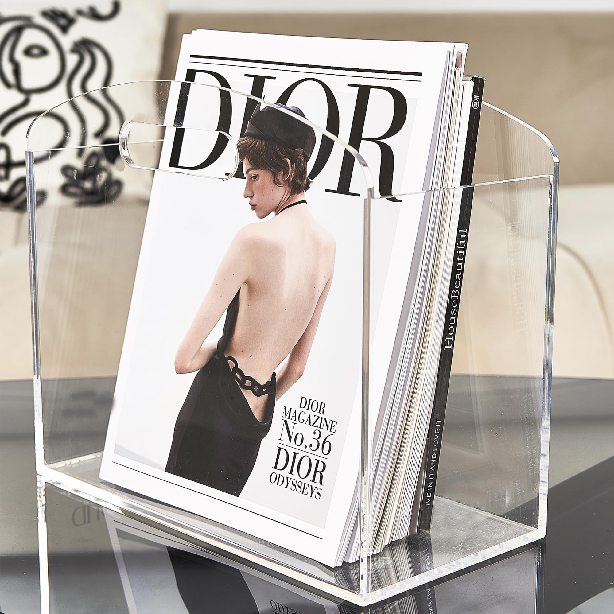 Photo 1 of Meicloud Magazine Rack - Clear Acrylic Magazine Holder, Acrylic Newspaper Stand Organizer with handles, Modern Lucite Magazine and Book Basket Box for Bathroom, Bedroom, Living Room and Office