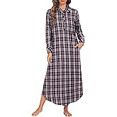 Ekouaer Women's Cotton Nightgown Long Sleeve Plaid Sleep Shirts Button Down Sleepwear with Pockets