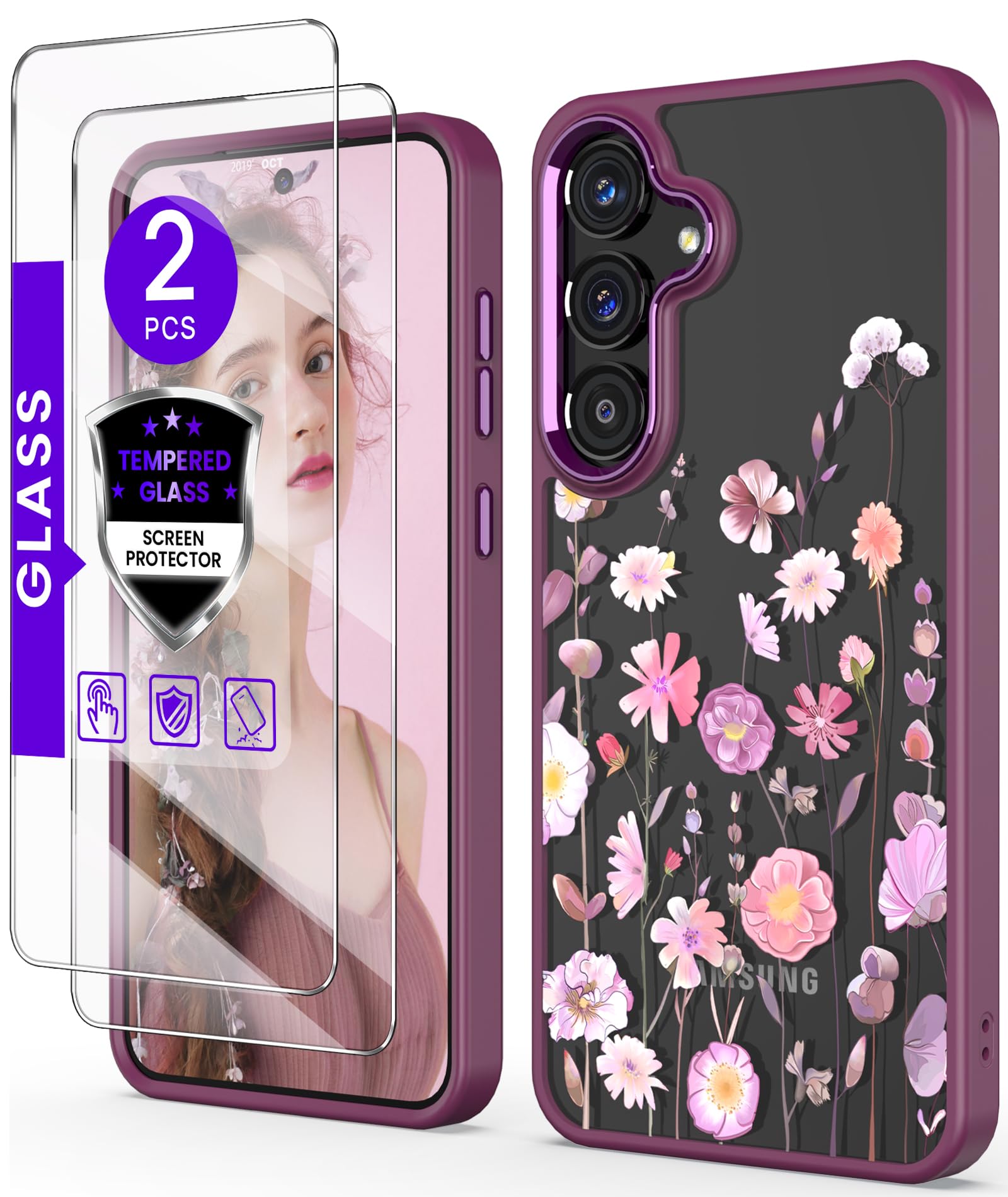 DagoRoo for Samsung Galaxy S25 FE 5G Case+Tempered Glass Screen Protector,Military Grade Protective Slim Soft TPU Hard PC,Girls Women Crystal Clear Flower Pattern Case Cover for Galaxy S25 FE-Floral