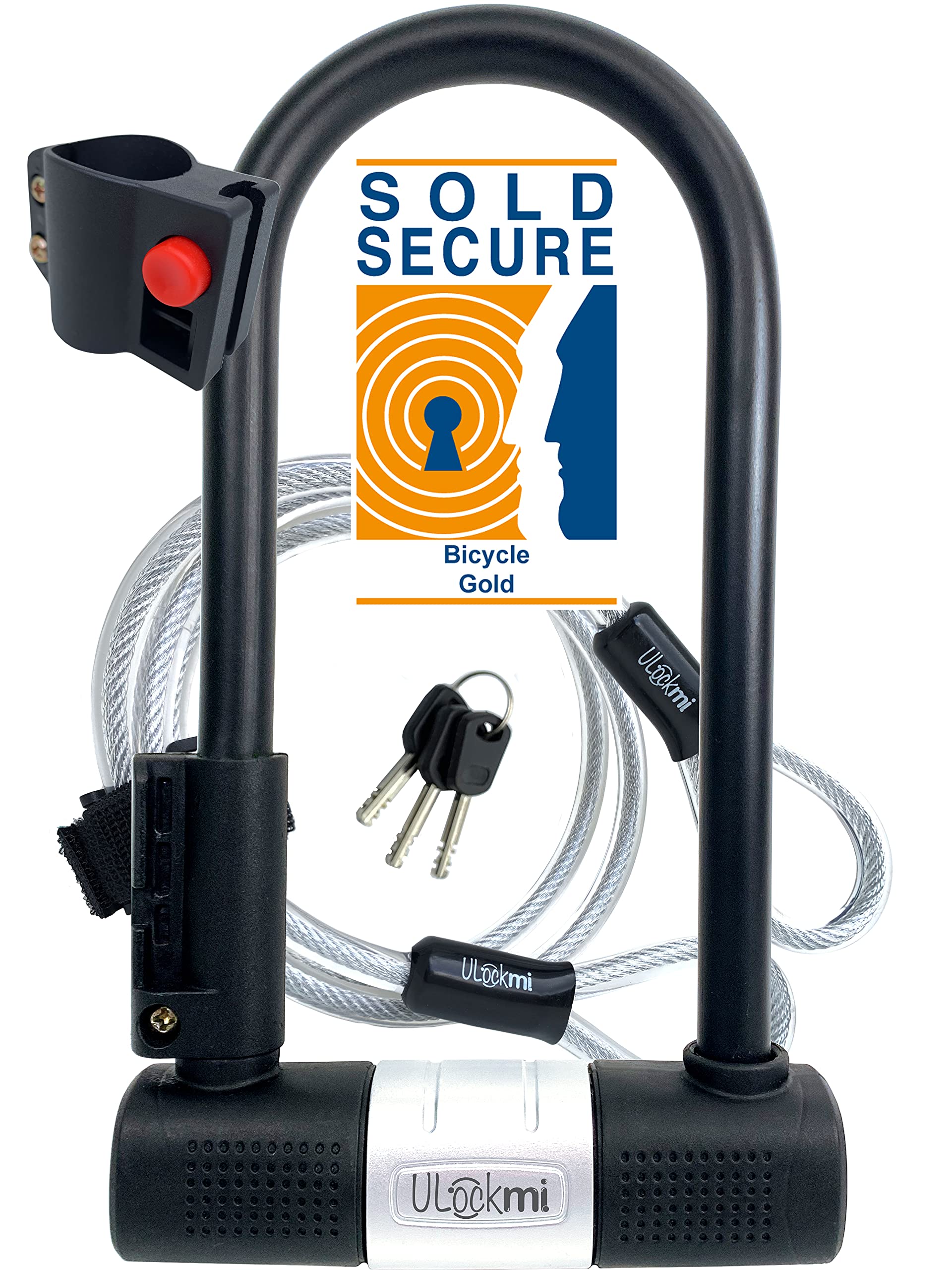 Ulockmi TWOFOLD Bike U Lock, 14mm Hardened Steel, Sold Secure Pedal Cycle Gold Certified, Double Bolt Shackle, 3 Coded Keys, Cable and Frame Mount (Silver Cover)