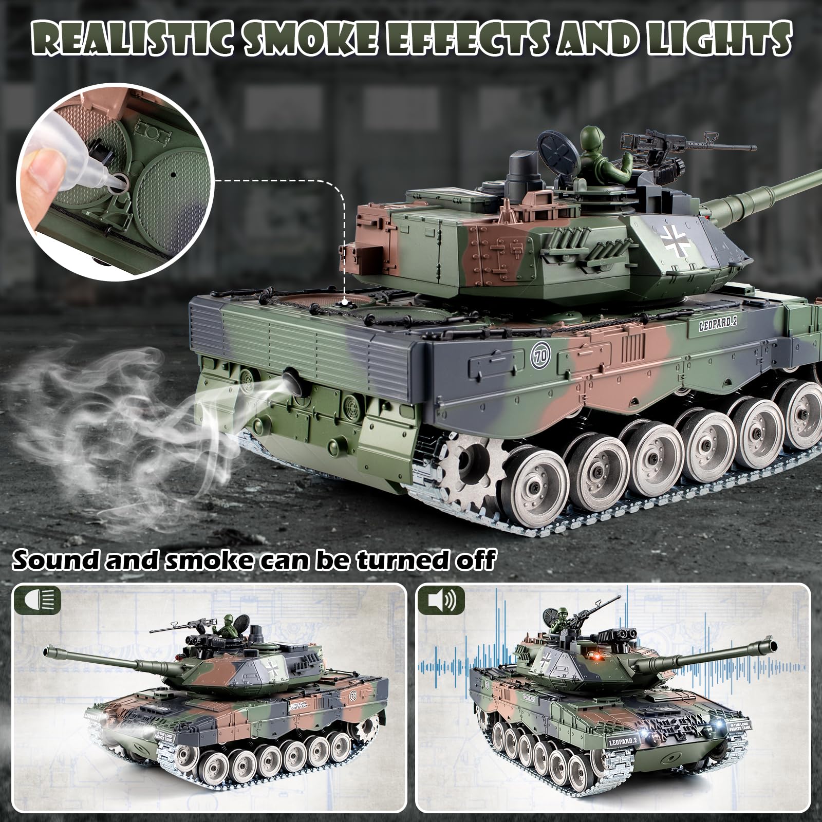 Supdex 1:18 RC Tank, 2.4Ghz Metal German Leopard II Remote Control Model Toys, RC Vehicle Military Tank That Shoots BBS and Water Bombs, Army Toy for Adults and Kids with Smoke, Lights, Sound, Recoil