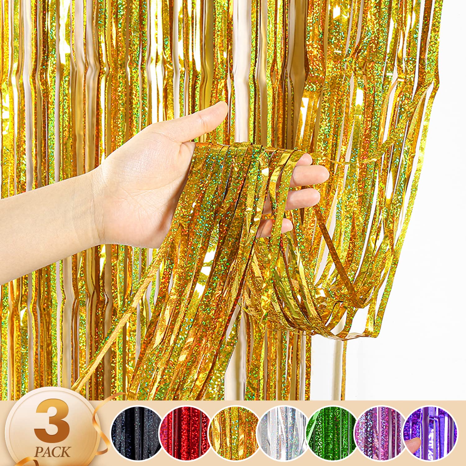 WenYa 3 Pack Foil Fringe Curtains Party Decorations, 3.3ft x 6.6ft Glitter Fringe Rain Curtain, Photo Booth Streamer Tinsel Curtain Streamer for Wedding Christmas (Gold)
