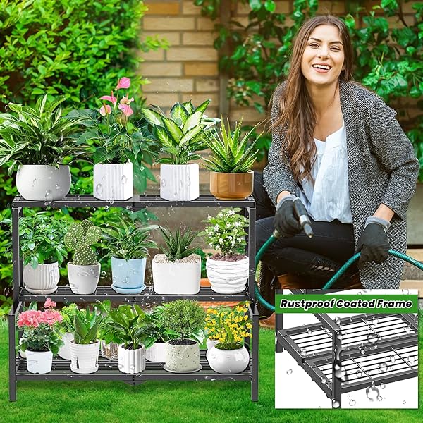 VEYFOLZIN.ST 3 TIER STAIR STYLE METAL PLANT STAND FOR INDOOR OUTDOOR, HEAVY DUTY PLANT DISPLAY SHELF FOR MULTIPLE PLANTS, GARDEN RACK FLOWER POT HOLDER FOR LIVING ROOM PATIO BALCONY