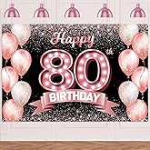 Happy 80th Birthday Rose Gold Banner Backdrop Cheers to 80 Years Old Confetti Balloons Theme Decor Decorations for Women 80 Years Old Pink Birthday Party Bday Supplies Background Favors Gift Glitter