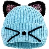 Kids Girls Sequin Cat Ears Hats Winter Knitted Beanie Hat for Outdoor Snow Ski Skull Cap Ages 7-12