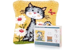 Msoesticc.dl Latch Hook Kits for DIY Throw Pillow Cover, Cute Cat Pattern Sofa Cushion Cover Latch Hook Craft Kits with Printed Canvas for Beginners Adults - 17 x 17 Inch