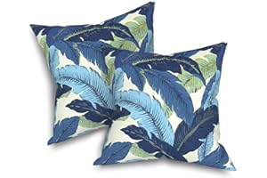 Melody Elephant Pack of 2 Patio Throw Pillow Covers ONLY, Water Repellent Cushion Cases 20x20 Inch, Square Pillowcases for Outdoor Couch Decoration, Swaying Palms Blue