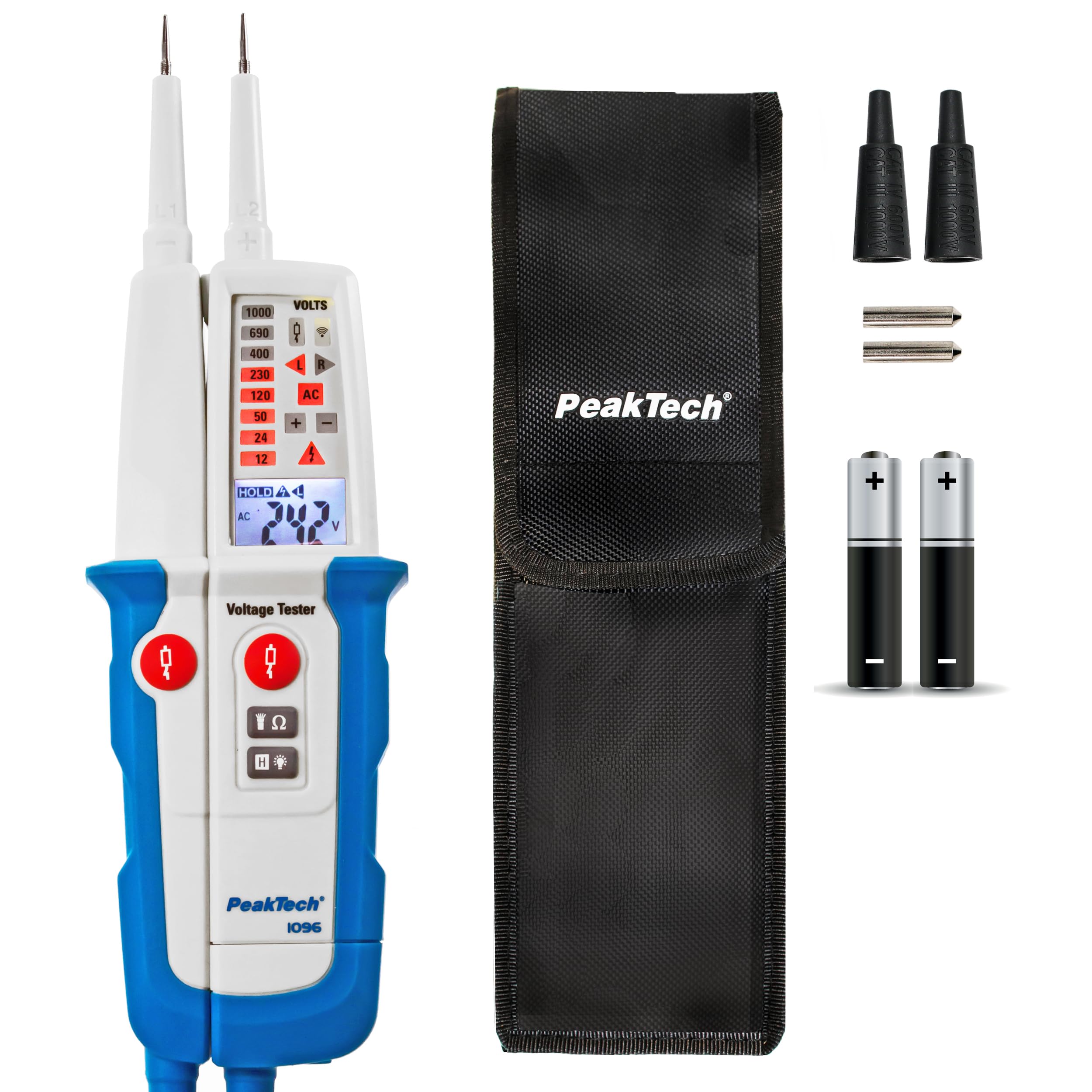 PeakTech P 1096 2-pole Voltage Tester, IP64, LCD Display, Continuity Tester, Polarity Indicator, Voltage Meter, 1000V, 2000 Counts, Blue