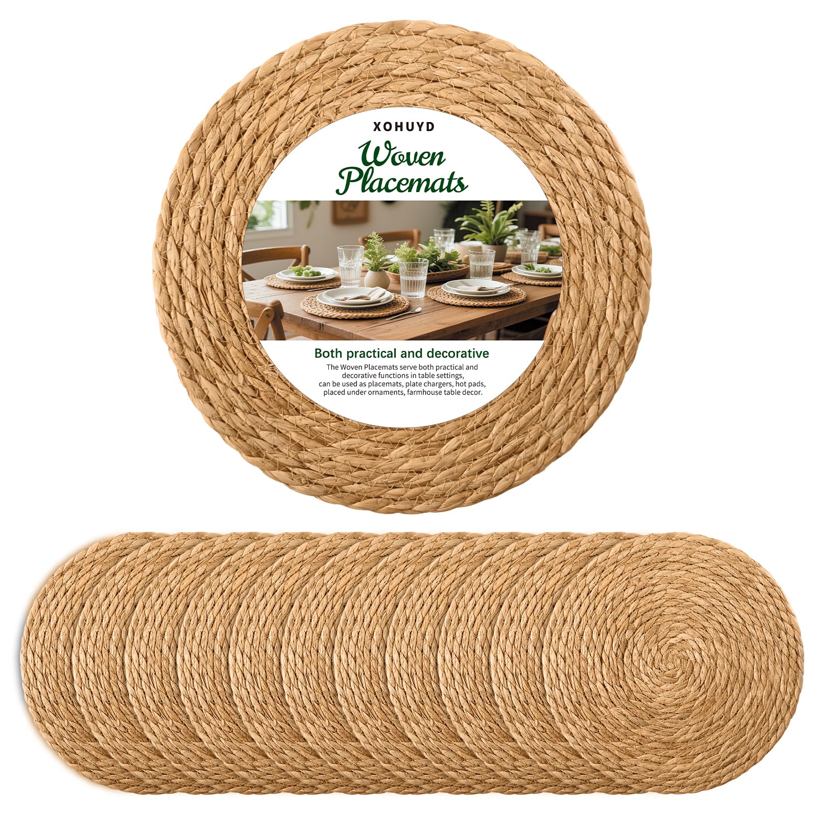 Photo 1 of 13 in Round Woven Placemats Plate Chargers Set of 12, Boho Farmhouse Rustic Woven Place Mats for Kitchen Dining Party Table Decor, Rattan Wicker Table Mats Jute Braided Chargers for Dinner Plates