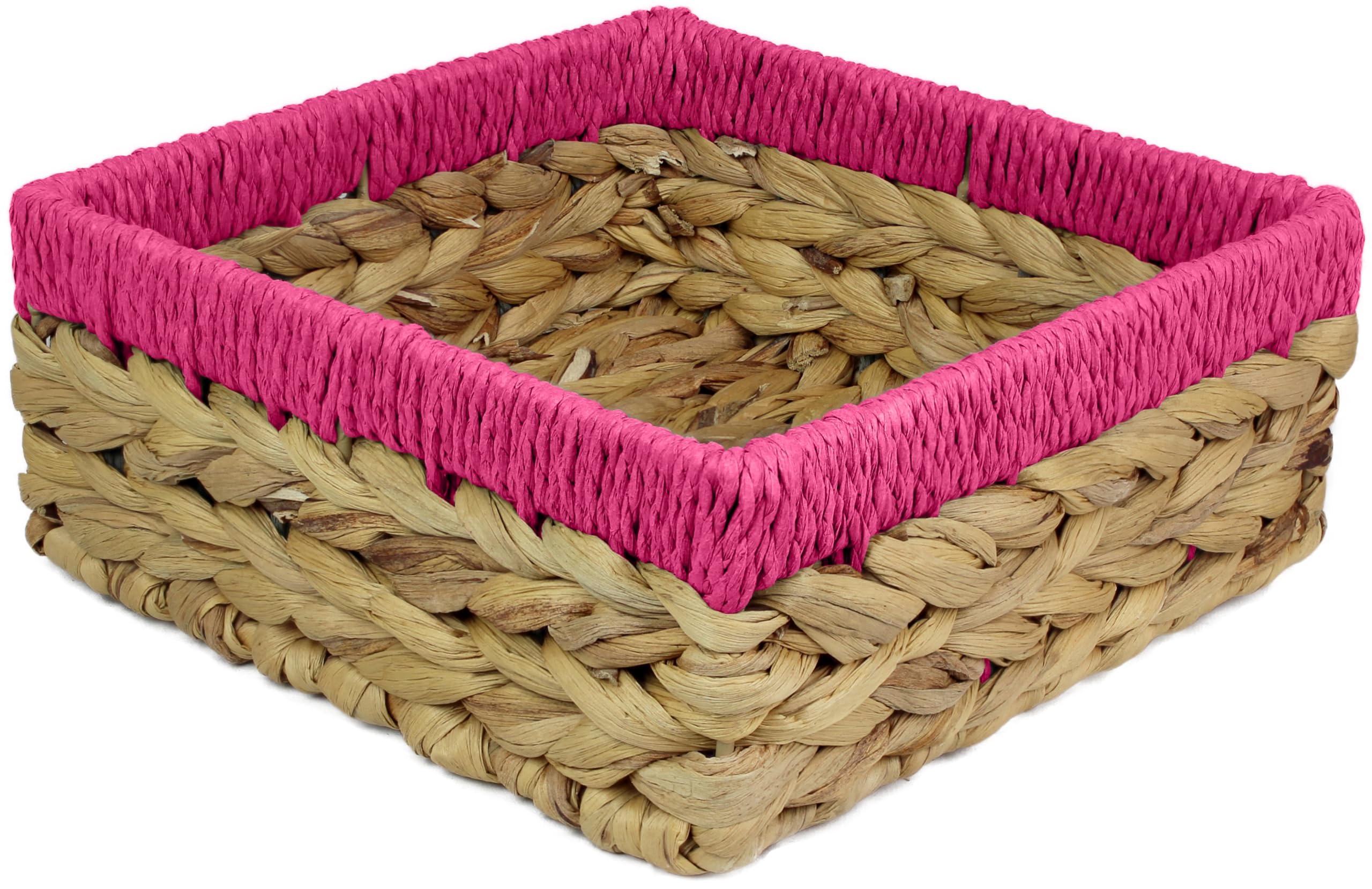 Small Water Hyacinth Square baskets for storage. Natural with Pink edges for shelves open hamper decorative gift mini tray make up Kitchen organiser (1 x Pack, Large 22cm)