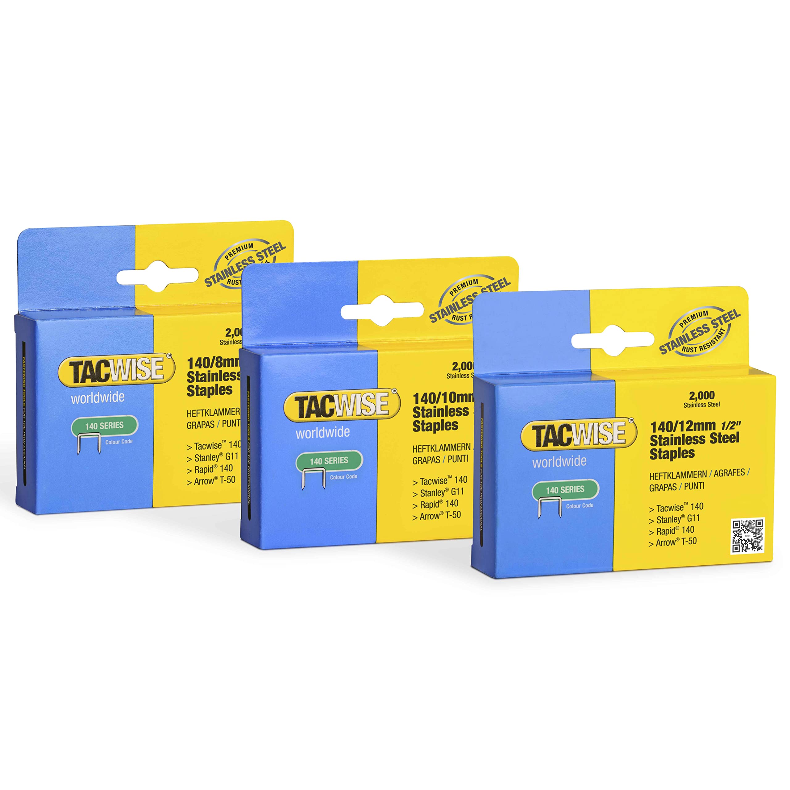 Tacwise 1308 Bundle of Type 140/8-12mm Heavy Duty Stainless Steel Staples, 3 Packs of 2000