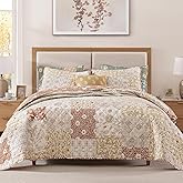 CASAAGUSTO Queen Quilt Set - 3 Pieces Patchwork Terracotta Quilt Bedding Set, Lightweight Queen Bedspread Coverlet, Reversible Floral Bed Cover for All Seasons (90"x94", 1 Quilt + 2 Pillow Shams)
