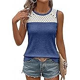 BLENCOT Women's Ribbed Knit Tank Top Lace Splicing Sleeveless Summer Casual Vest Shirt with Button Detail