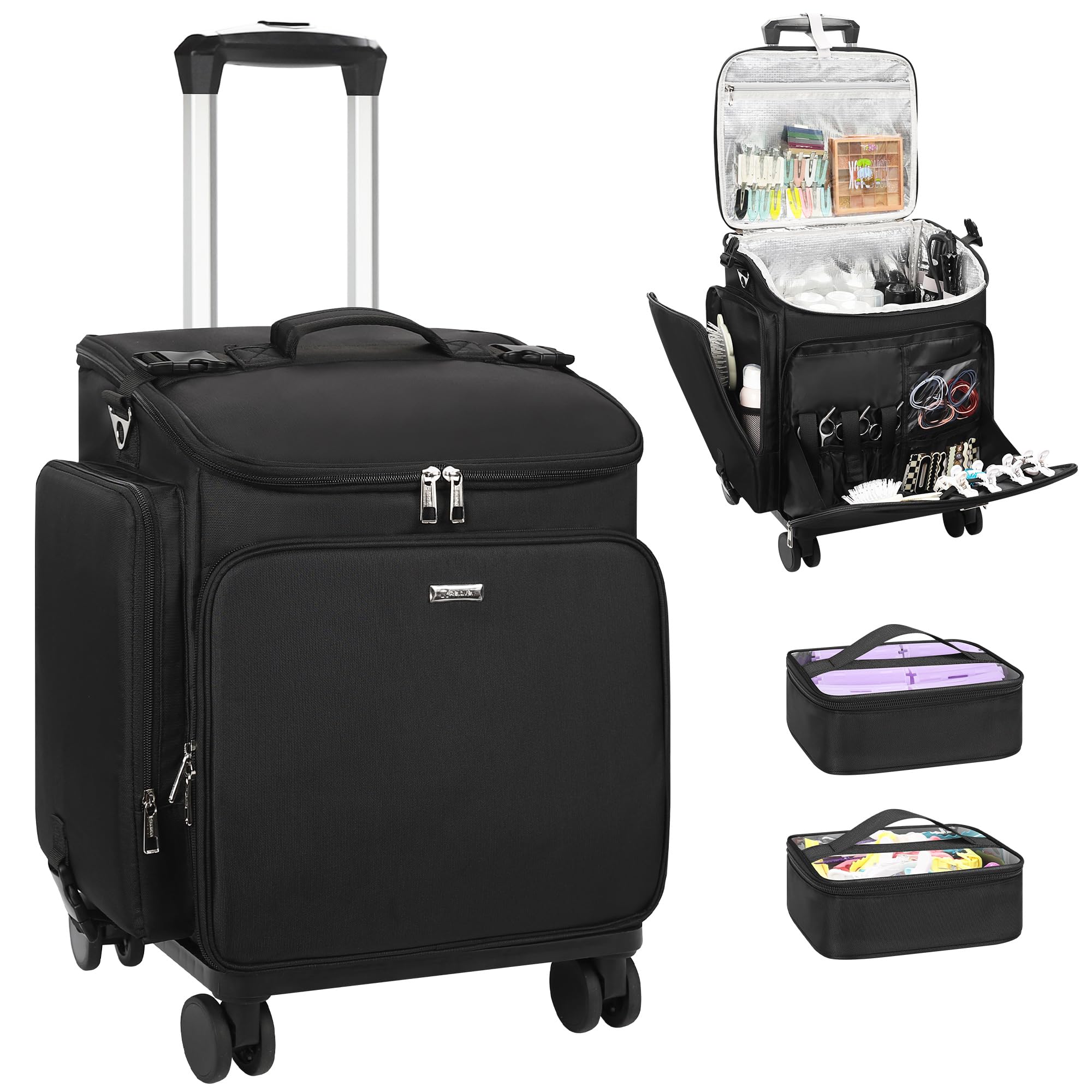 Photo 1 of Relavel Rolling Makeup Case, Hair Tools Travel Bag Cosmetology Case on Wheels with 2 Clear Bags, Professional Hairstylist Bag Makeup Artist Storage Train Case Barber Organizer with 360° Spinner Wheels