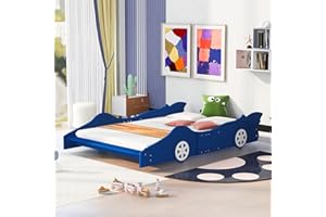 Harper & Bright Designs Full Size Race Car-Shaped Platform Bed with Wheels, Wooden Platform Bed Frame with Support Slats, Full Size Floor Bed for Kids Boys Girls Teens, Blue