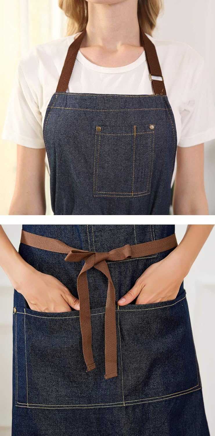 Meychin Blue Adjustable Denim Jean Kitchen Apron with 4 Pockets for Women Men Optimized Upgrade(Denim): Home & Kitchen