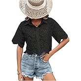 SweatyRocks Women's Short Sleeve Button Down Eyelet Crochet Shirt Asymmetrical Hem Crop Top Blouse